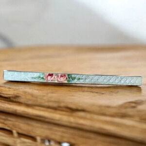 Victorian Sterling Silver Guilloche Enamel Rose Motif Bar Pin
